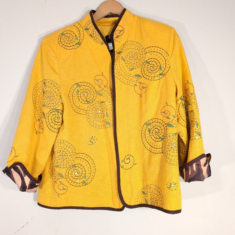 Silk Land Yellow Blazer; Silk Blend Sequin Spiral Embroidery
